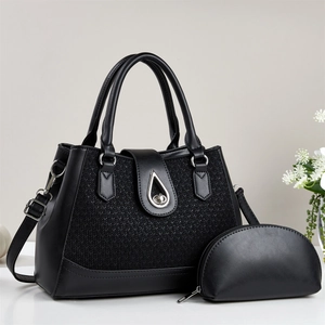 Sac à main élégant en cuir PU noir avec texture tissée et petit porte-monnaie assorti