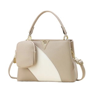 Elegant khaki and white patchwork handbag with V-shaped gold clasp and mini purse