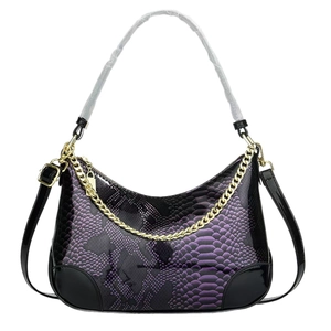 Chic purple snakeskin shoulder bag with glossy patent finish and gold chain detail