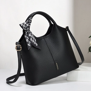 Women PU Leather Bucket Bag With Satin Scarf Decor Elegant Commuter Handbag Crossbody Shoulder Bag For Daily Use