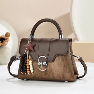 Women Minimalist PU Leather Corduroy Patchwork Handbag With Star Bead Charm Single Shoulder Crossbody Bag Retro Chic Commuter Purse