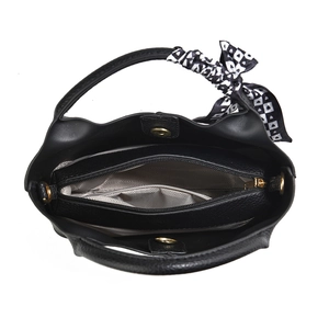 Internal view of black bucket bag showing triple compartment and herringbone lining