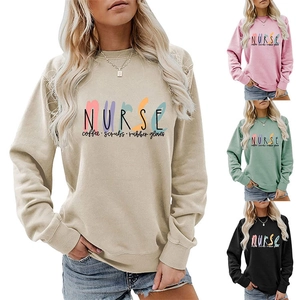 Detail of Nurse Coffee Scrubs print on round neck sweatshirt with ribbed cuffs and soft fabric