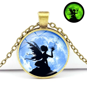 Luminous fairy silhouette pendant necklace with glow in the dark moon glass stone detail
