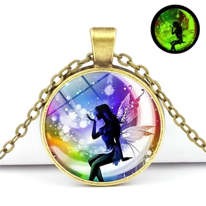 Luminous Fairy Pendant Necklace Zinc Alloy Glass Cabochon Retro Night Glow Moon Starry Sky Jewelry For Women Girls Gift