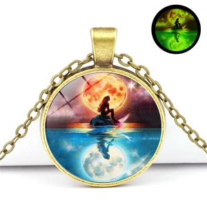 Luminous Butterfly Flower Fairy Necklace with Glow-in-the-dark Mermaid Moon Pendant