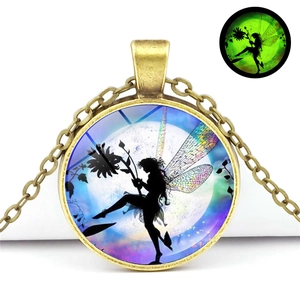 Luminous butterfly fairy necklace with glow in the dark crescent moon pendant