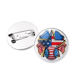 Round American flag baseball sports badges with secure safety pin back on white background