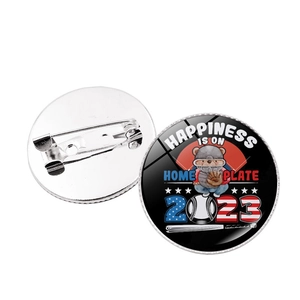 Baseball teddy bear tinplate badge button featuring Happiness Is On Home Plate and USA flag