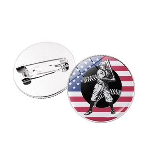 Detailed macro view showing American flag baseball pin front and metal needle clasp back