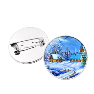 Broche Cabochon en Verre Alliage Scène de Neige Noël Cabane d'Hiver Badge Rond Bijoux pour Hommes Femmes Cadeau de Noël