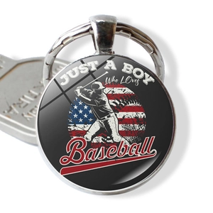 USA flag baseball keychain with 'Just A Boy Who Loves Baseball' slogan on glass pendant