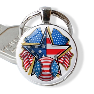 Detailed close-up of a circular USA flag baseball keychain with polished metal ring