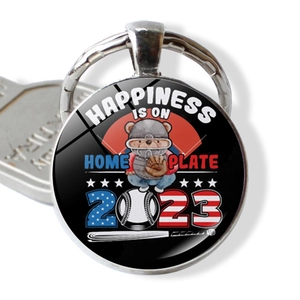 USA flag baseball keychain with cartoon bear and Happiness Is On Home Plate 2023 design