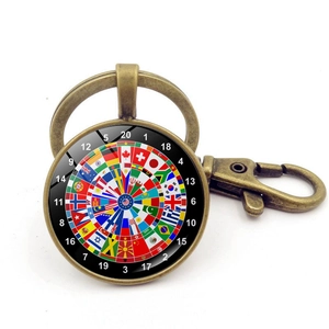 Vintage bronze world flag dartboard keychain with lobster clasp and round glass pendant