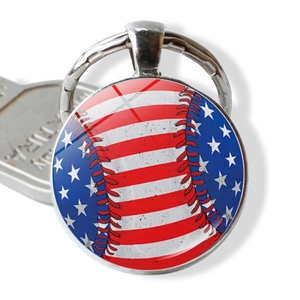 Detailed view of the American flag baseball keychain with polished silver metal ring