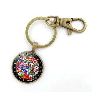 Vintage bronze world flag dartboard keychain with glass pendant and lobster clasp