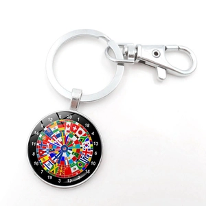 Global flags dartboard pattern glass pendant keychain with silver lobster clasp ring