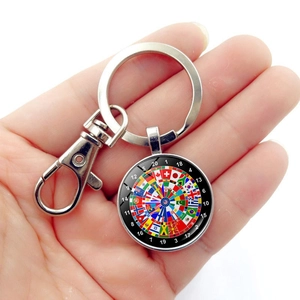 Detail view of dartboard world flag keychain with metal lobster clasp held in hand