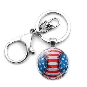Metal American flag baseball keychain with lobster clasp and round glass pendant charm