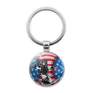 Baseball Sport Theme US Flag Metal Keychain Zinc Alloy Glass Cabochon Pendant Key Ring Jewelry For Fans Souvenir Gift