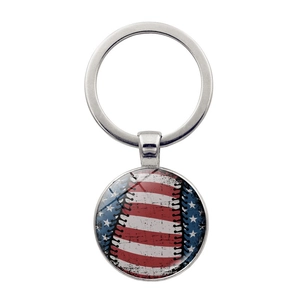 Retro USA flag baseball glass pendant keychain with a classic stainless steel split ring