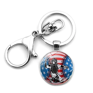 Baseball Keychain Zinc Alloy Glass Cabochon US Flag Pattern Lobster Clasp Car Bag Pendant Sports Souvenir For Fans
