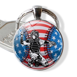 Baseball Keychain Zinc Alloy Glass Cabochon USA Flag Sports Theme Pendant Keyring For Car Bags