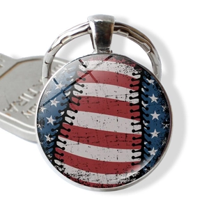 Vintage American flag baseball keychain with circular glass dome and silver metal ring