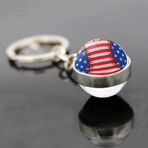 Porte-clés de baseball avec drapeau USA et boule de verre au design double face