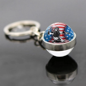 Porte-clés de Baseball Sphère en Verre Double Face Pendentif Drapeau USA Alliage de Zinc Cadeau de Souvenir Sportif