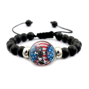 Baseball Thema Schwarzes Perlenarmband Verstellbarer Kordelzug US Flagge Zeit Edelstein Glas Cabochon Sport Schmuck Geschenk
