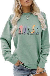Detail of sage green sweatshirt with Nurse coffee scrubs print and ribbed collar