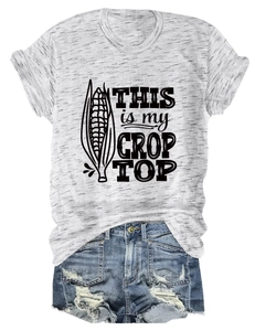 Detail of grey cotton t-shirt with humoristic This is my Crop Top corn graphic