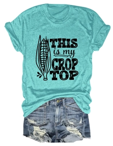 Turquoise T-shirt with 'THIS is my CROP TOP' print and distressed denim shorts set