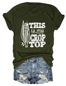 Army green 'THIS IS MY CROP TOP' corn graphic tee paired with ripped denim shorts
