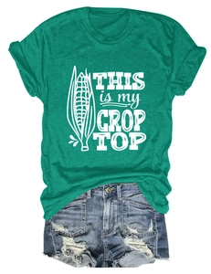 Detailed flat lay of green cotton t-shirt with crop top print and denim shorts
