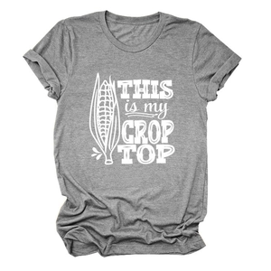 Detail of grey crewneck T-shirt with THIS IS MY CROP TOP slogan and white corn graphic