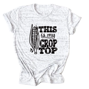 Close-up of THIS IS MY CROP TOP graphic print on a heather white cotton crew neck T-shirt