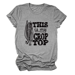 Detail of grey crop top featuring black THIS IS MY CROP TOP slogan with corn graphics