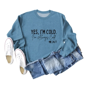 Vue à plat d'un sweat bleu avec slogan 'YES I'M COLD' assorti à un jean et chaussures