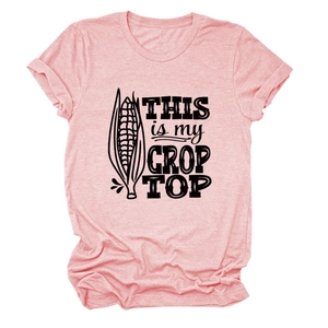 Detail view of pink cotton t-shirt with screen-printed THIS is my CROP TOP text design
