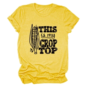 Detailed view of heathered yellow cotton t-shirt featuring a corn crop top graphic print