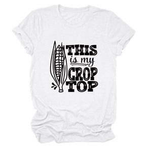 Close-up of white cotton T-shirt with rolled sleeves and funny crop top slogan print