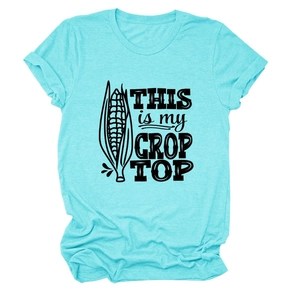 Detail view of cotton t-shirt featuring printed corn graphic and funny text