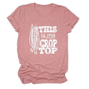 Detail of dusty rose T-shirt with white corn print and funny 'THIS is my CROP TOP' text