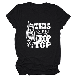 Close-up of black cotton T-shirt featuring This Is My Crop Top text and corn graphic