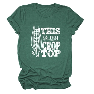 Detailed flat lay of dark green heather t-shirt with This Is My Crop Top corn print