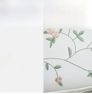 Détail du tissu blanc d'un sac bandoulière avec broderies florales roses et vertes nettes