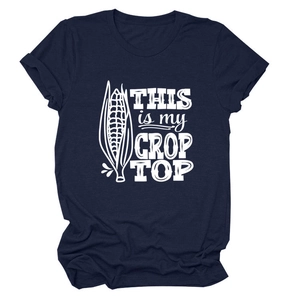 Navy blue cotton T-shirt with THIS IS MY CROP TOP funny corn print for summer casual wear
